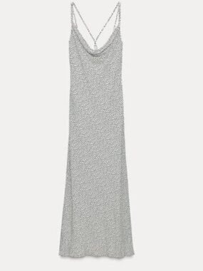 NEW Zara Polka Dot Maxi Midi Slip Dress Strappy Back Drape Neck Size S
